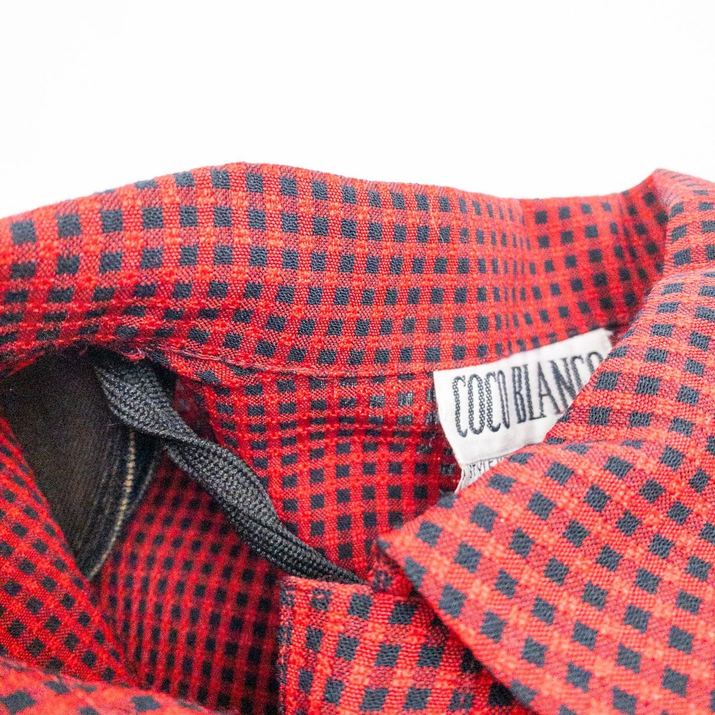 Coco Blanco vintage red and black checkered shirt with ornate buttons and short sleeves on hanger image 5