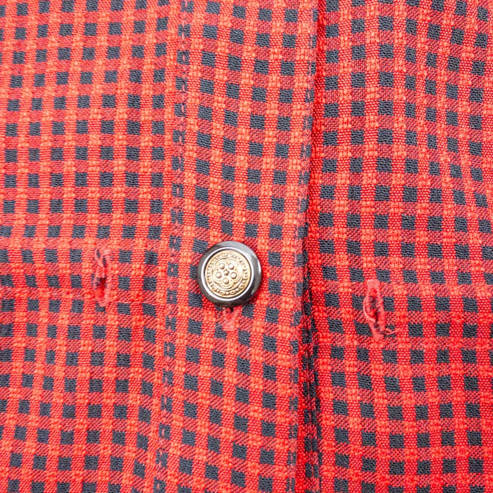 Coco Blanco vintage red and black checkered shirt with ornate buttons and short sleeves on hanger image 6