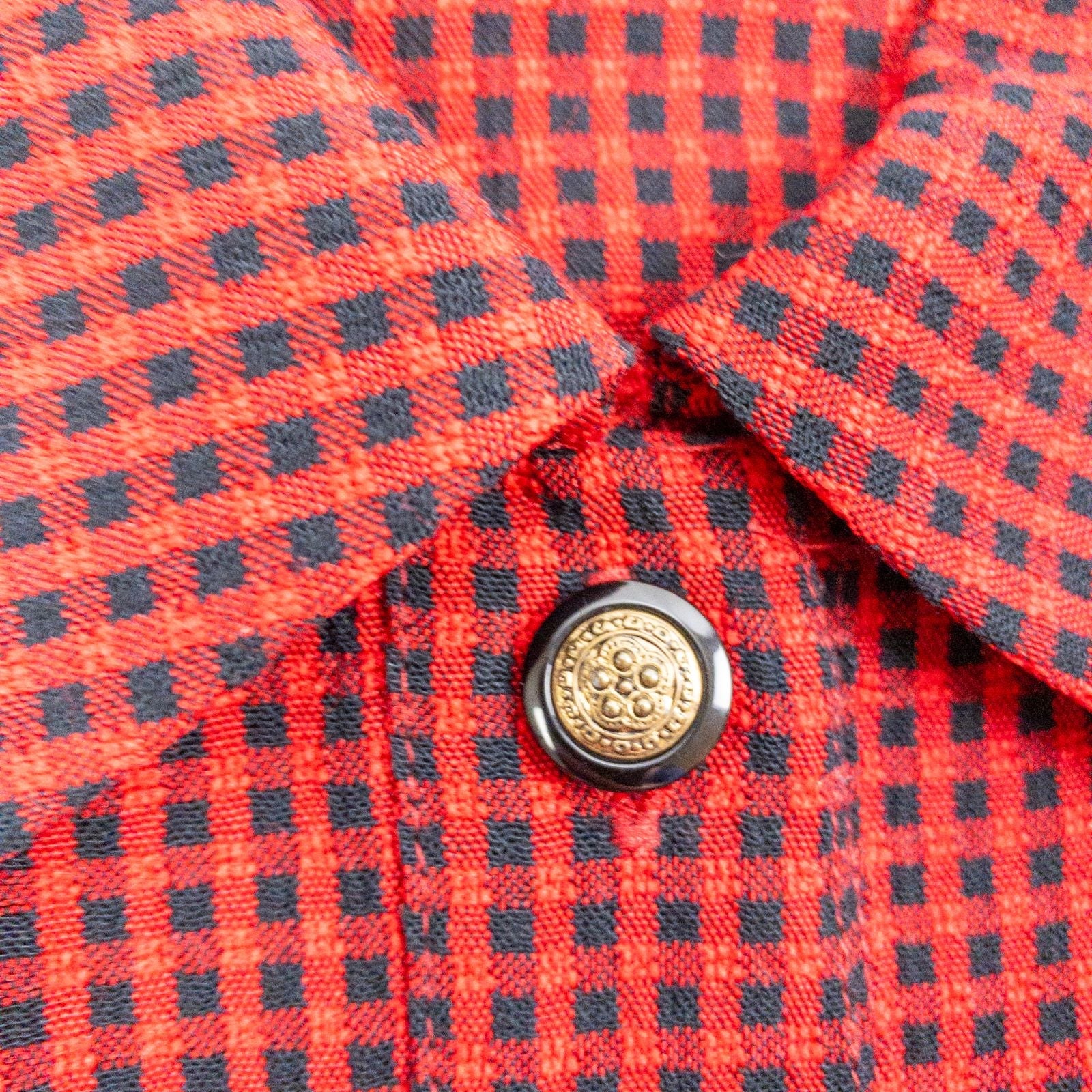 Coco Blanco vintage red and black checkered shirt with ornate buttons and short sleeves on hanger image 3