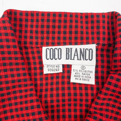 Coco Blanco vintage red and black checkered shirt with ornate buttons and short sleeves on hanger image 11