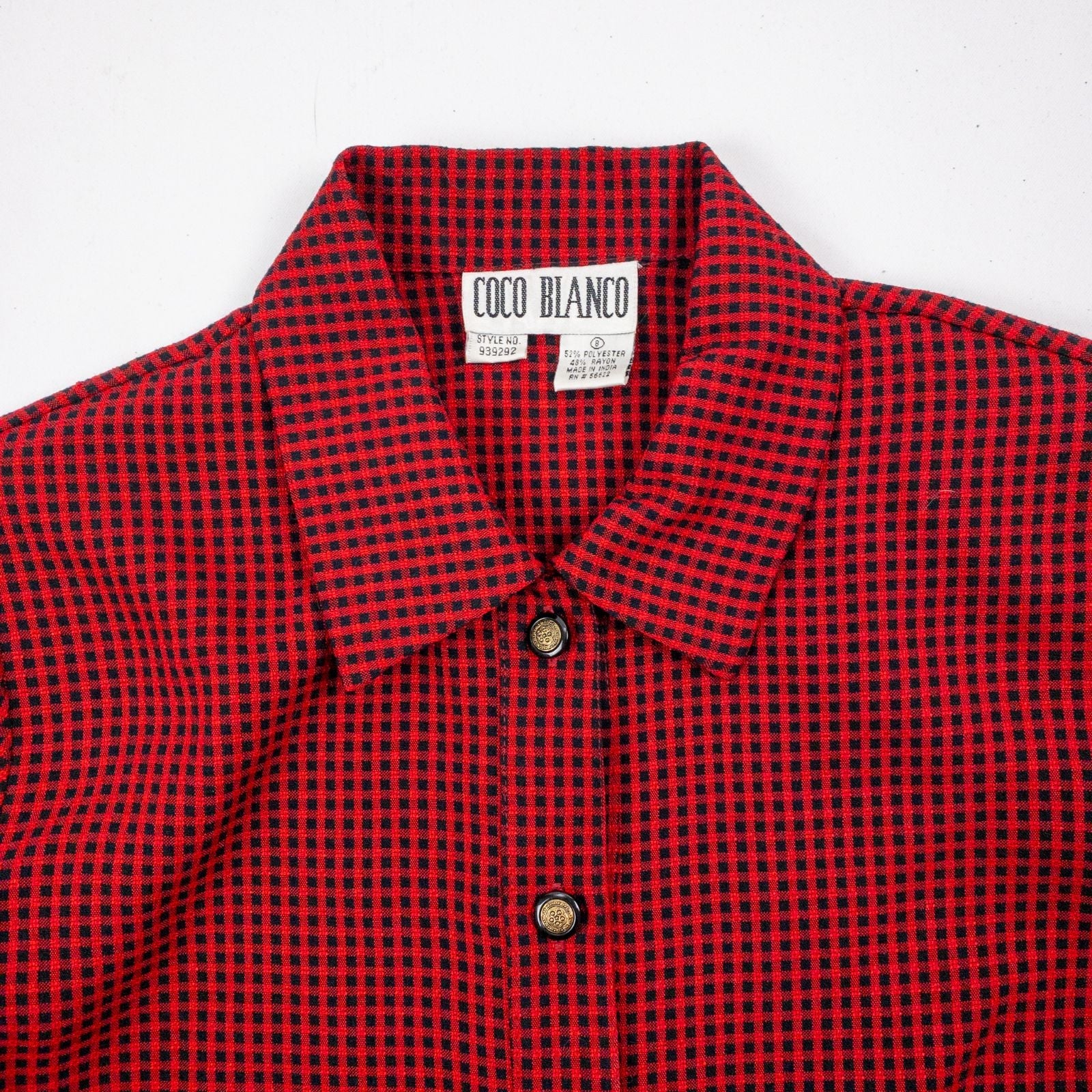 Coco Blanco vintage red and black checkered shirt with ornate buttons and short sleeves on hanger image 2