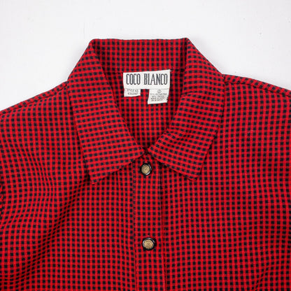 Coco Blanco vintage red and black checkered shirt with ornate buttons and short sleeves on hanger image 2