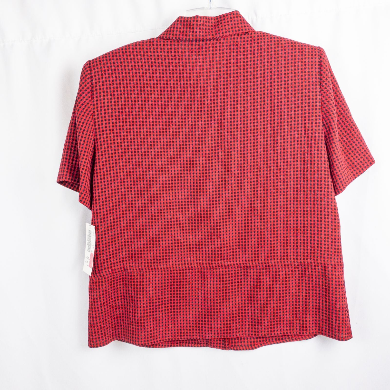Coco Blanco vintage red and black checkered shirt with ornate buttons and short sleeves on hanger image 7