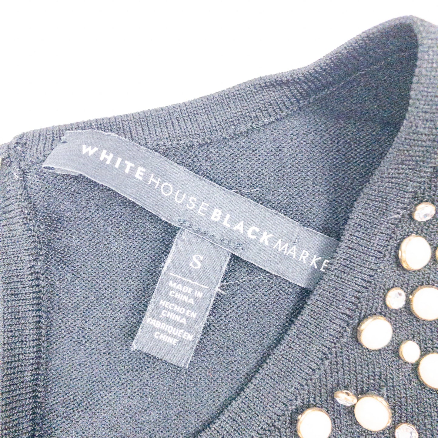Black White House Black Market sweater with pearl and rhinestone neckline embellishments and 3/4 sleeves image 4