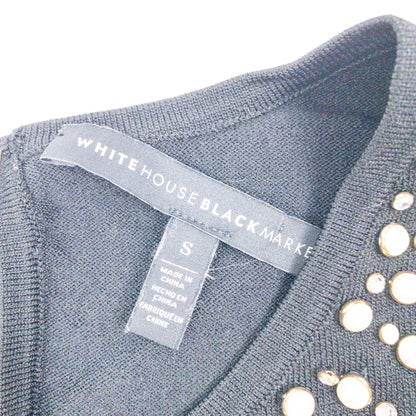 Black White House Black Market sweater with pearl and rhinestone neckline embellishments and 3/4 sleeves image 4