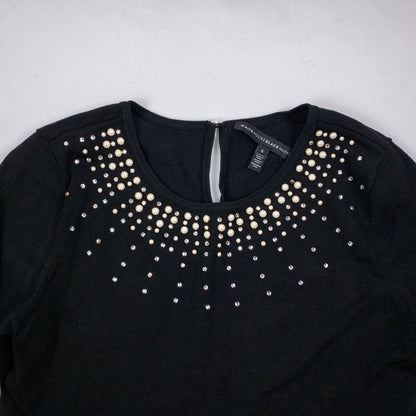 Black White House Black Market sweater with pearl and rhinestone neckline embellishments and 3/4 sleeves