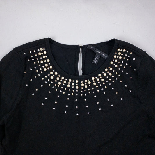 Black White House Black Market sweater with pearl and rhinestone neckline embellishments and 3/4 sleeves