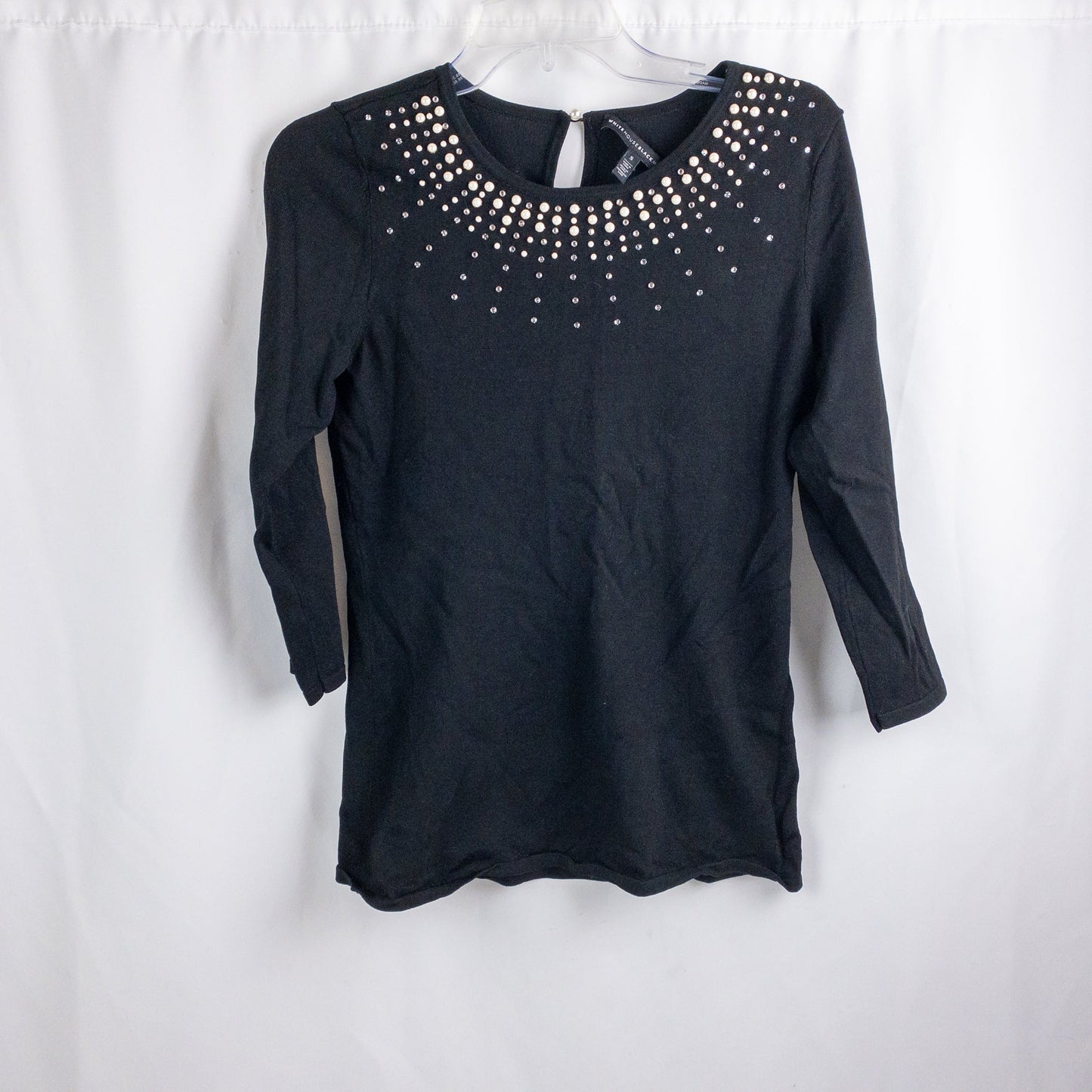 Black White House Black Market sweater with pearl and rhinestone neckline embellishments and 3/4 sleeves image 2