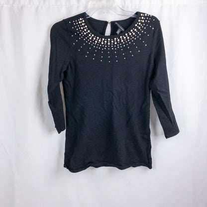 Black White House Black Market sweater with pearl and rhinestone neckline embellishments and 3/4 sleeves image 2