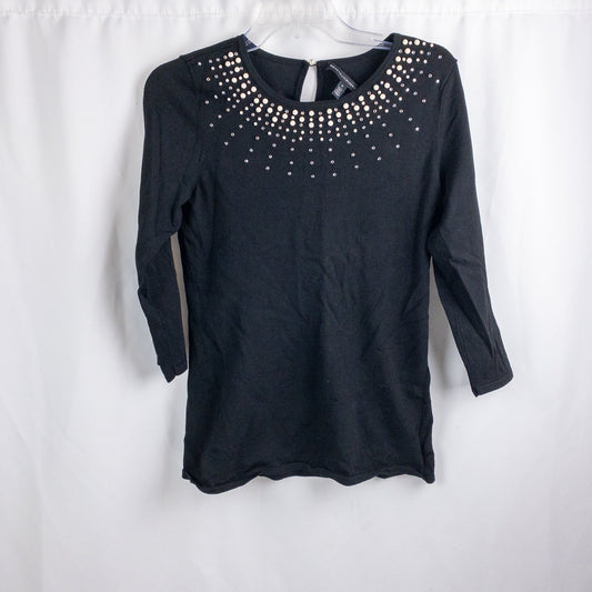 Black White House Black Market sweater with pearl and rhinestone neckline embellishments and 3/4 sleeves image 2