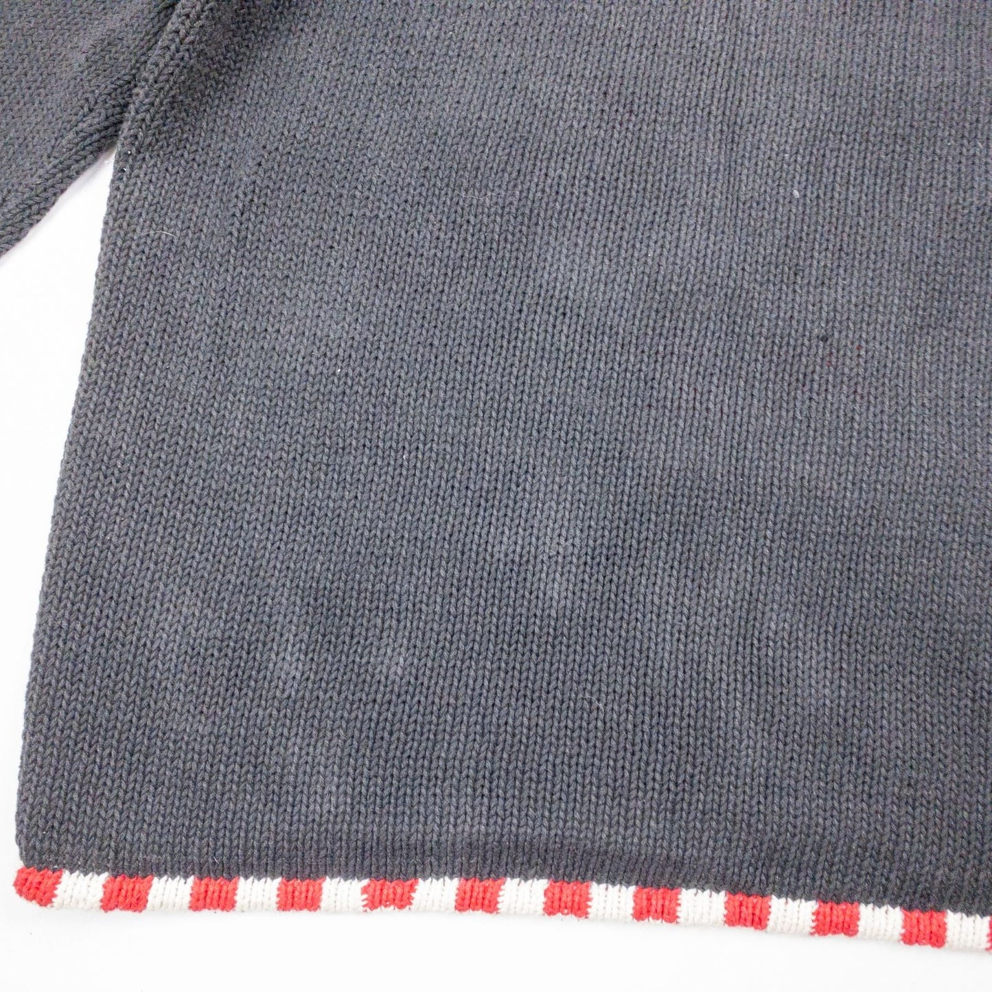Tiara vintage black knitted sweater with embroidered Santa Claus and snowflakes, red and white striped trim image 8