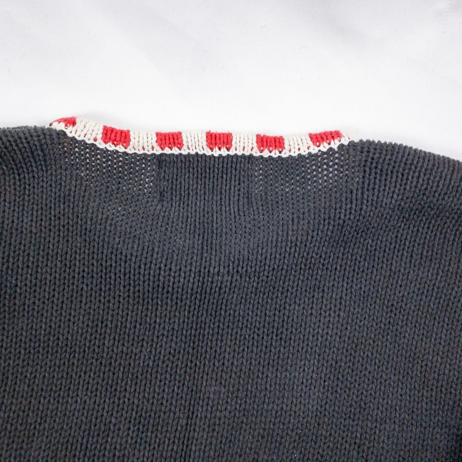 Tiara vintage black knitted sweater with embroidered Santa Claus and snowflakes, red and white striped trim image 7