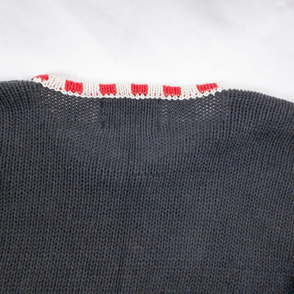 Tiara vintage black knitted sweater with embroidered Santa Claus and snowflakes, red and white striped trim image 7