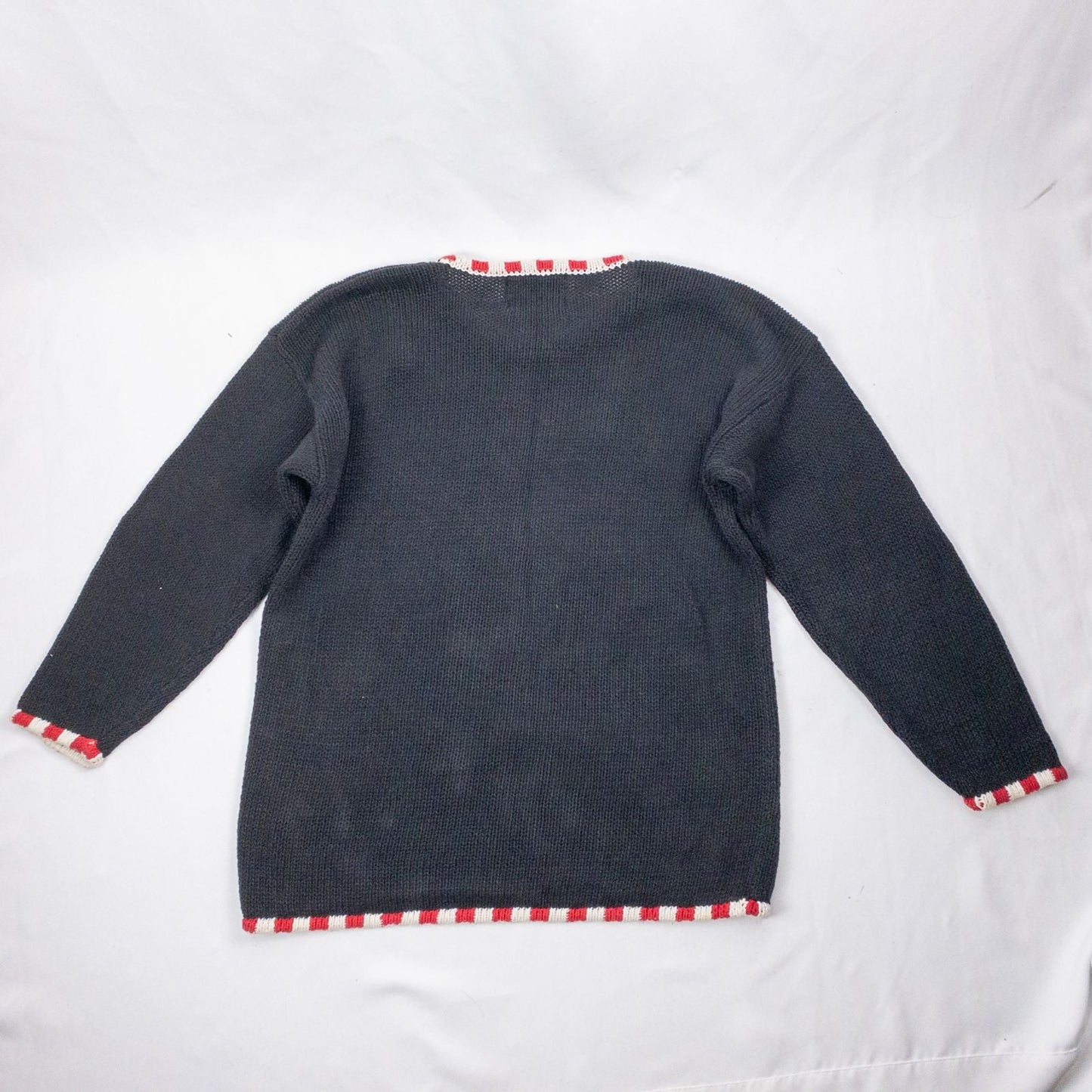 Tiara vintage black knitted sweater with embroidered Santa Claus and snowflakes, red and white striped trim image 6