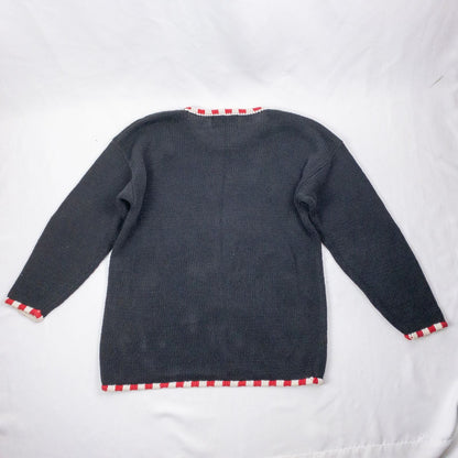 Tiara vintage black knitted sweater with embroidered Santa Claus and snowflakes, red and white striped trim image 6