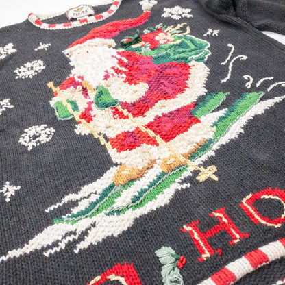 Tiara vintage black knitted sweater with embroidered Santa Claus and snowflakes, red and white striped trim image 4
