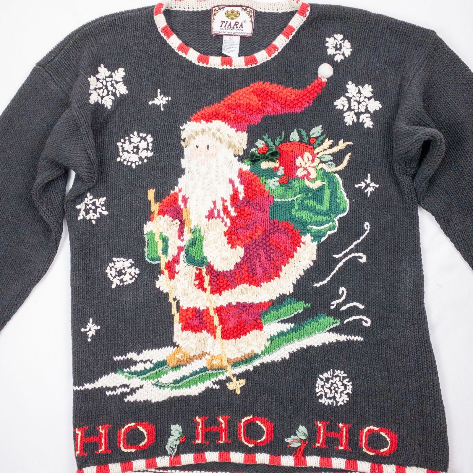 Tiara vintage black knitted sweater with embroidered Santa Claus and snowflakes, red and white striped trim image 3