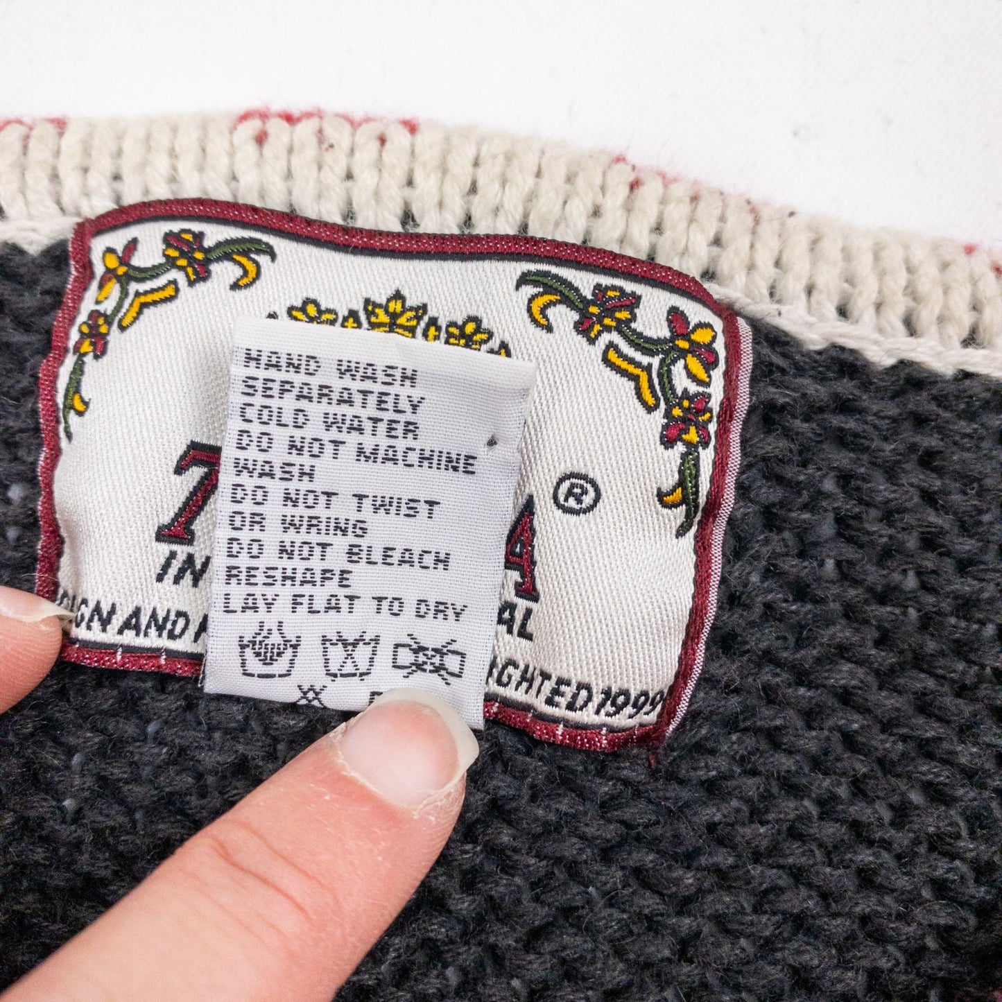Tiara vintage black knitted sweater with embroidered Santa Claus and snowflakes, red and white striped trim image 11
