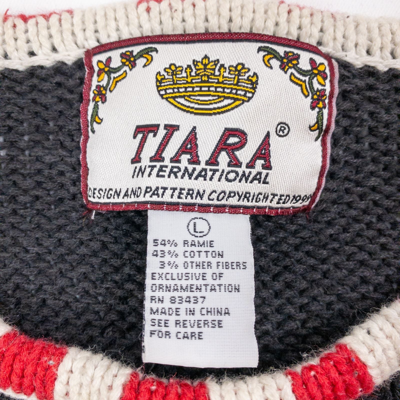 Tiara vintage black knitted sweater with embroidered Santa Claus and snowflakes, red and white striped trim image 12