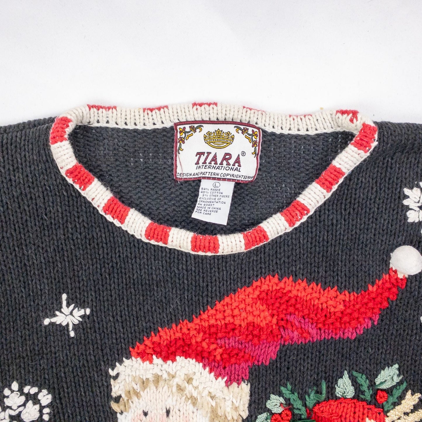 Tiara vintage black knitted sweater with embroidered Santa Claus and snowflakes, red and white striped trim image 2