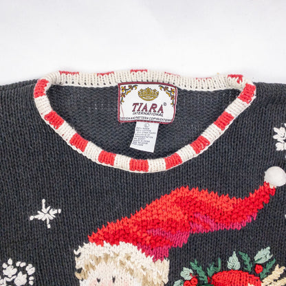 Tiara vintage black knitted sweater with embroidered Santa Claus and snowflakes, red and white striped trim image 2