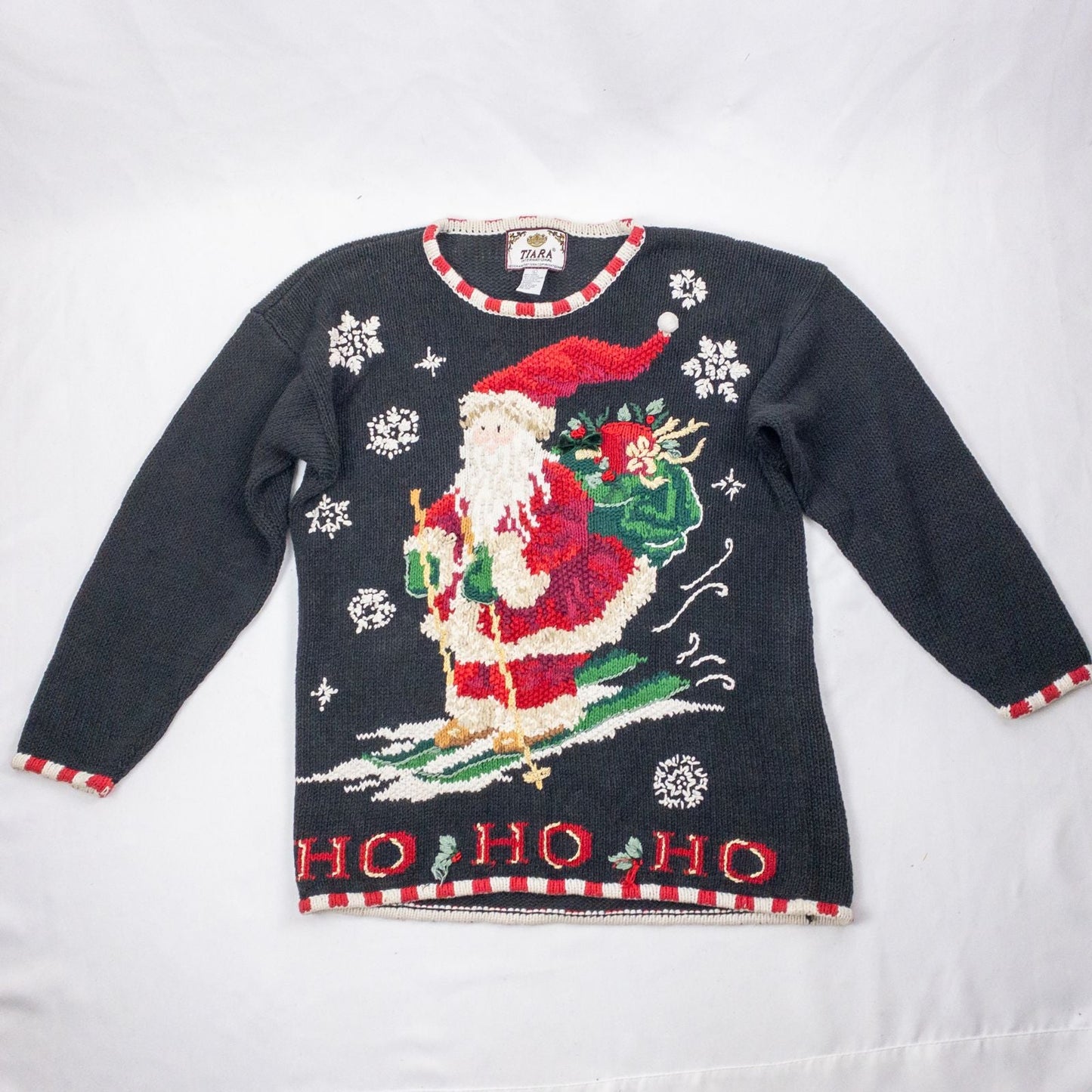 Tiara vintage black knitted sweater with embroidered Santa Claus and snowflakes, red and white striped trim image 13
