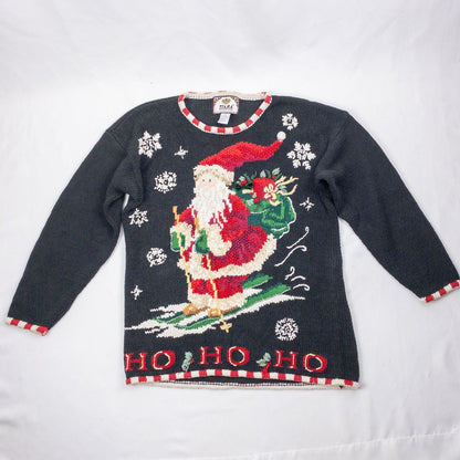 Tiara vintage black knitted sweater with embroidered Santa Claus and snowflakes, red and white striped trim image 13