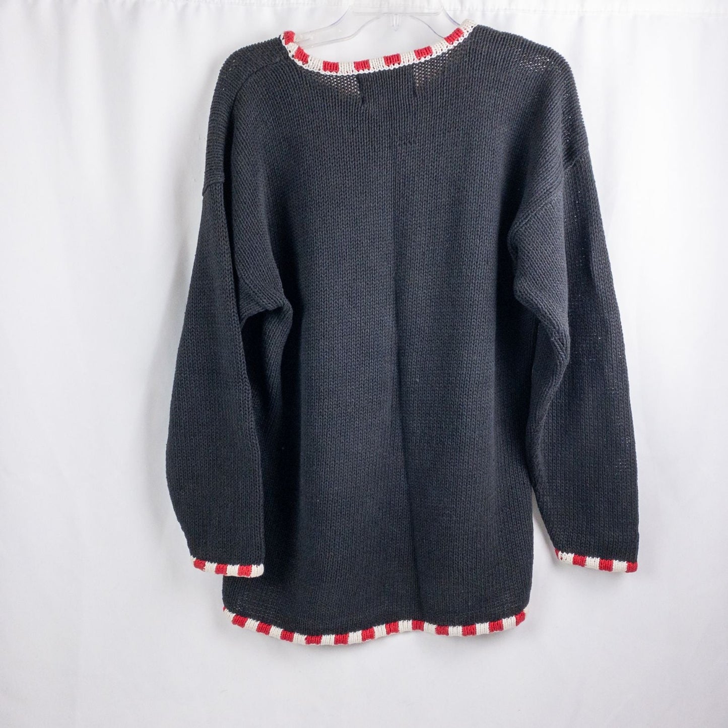 Tiara vintage black knitted sweater with embroidered Santa Claus and snowflakes, red and white striped trim image 5