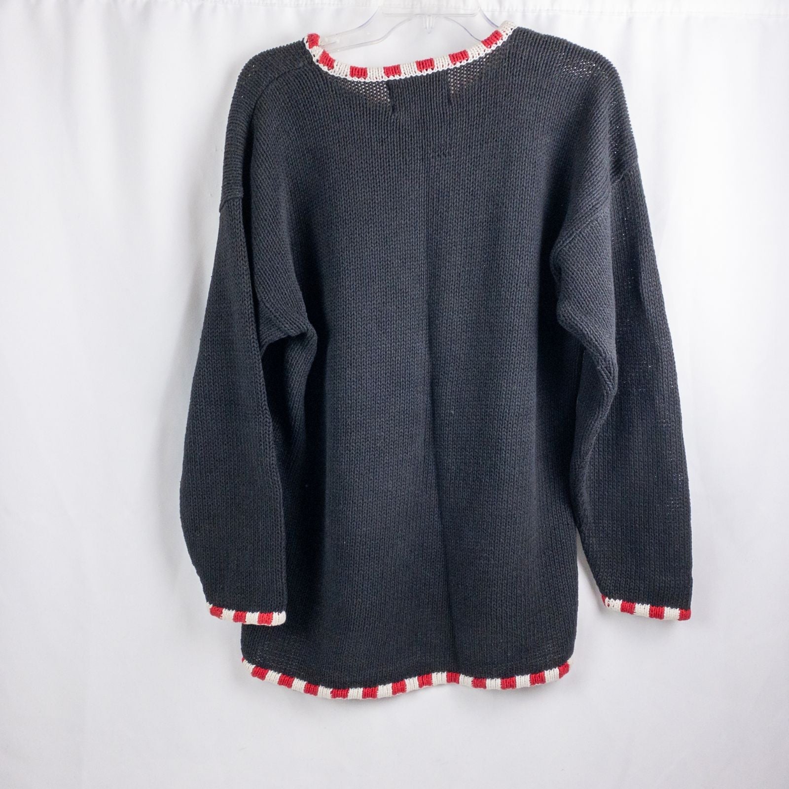 Tiara vintage black knitted sweater with embroidered Santa Claus and snowflakes, red and white striped trim image 5