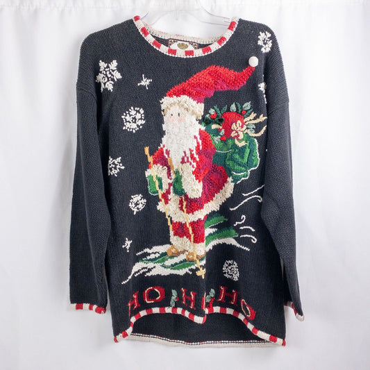 Tiara vintage black knitted sweater with embroidered Santa Claus and snowflakes, red and white striped trim