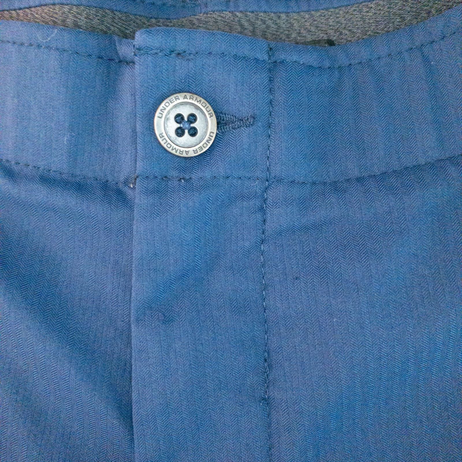 Under Armour navy men's shorts laid flat showing front and back views with button and logo details image 3