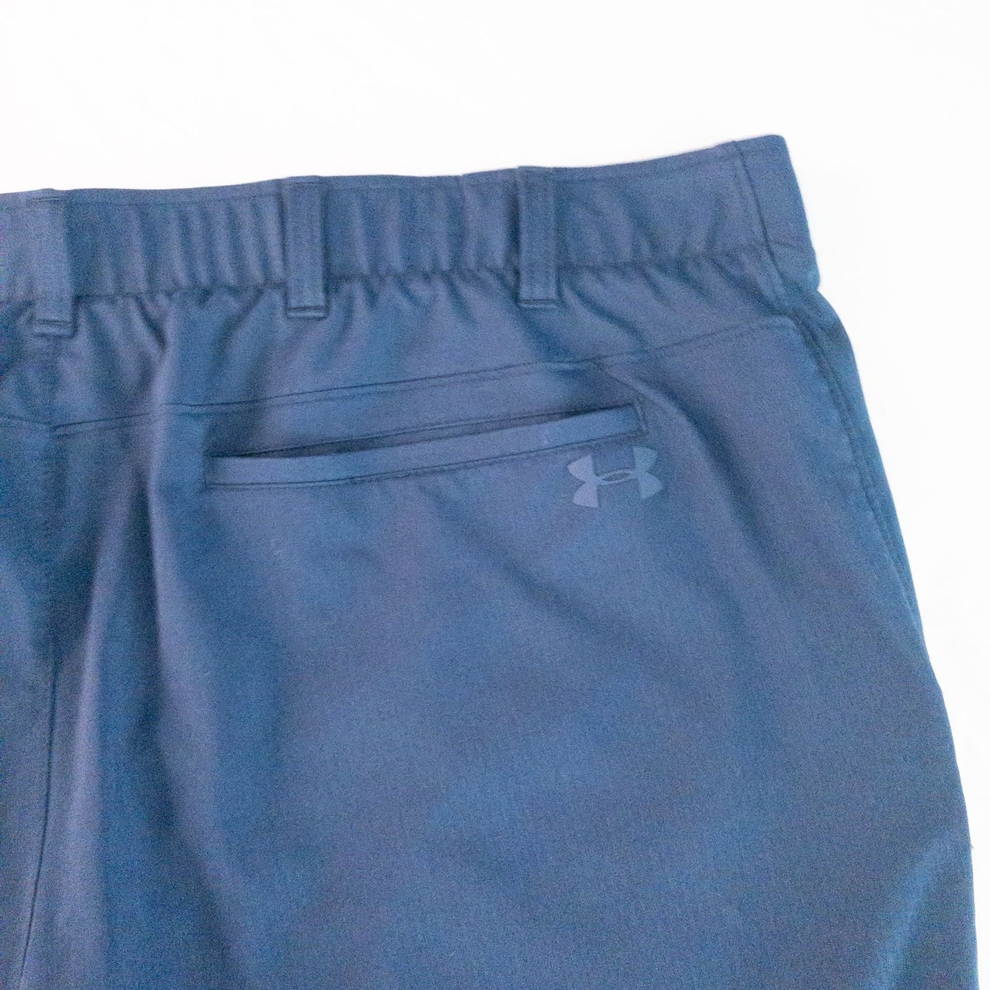 Under Armour navy men's shorts laid flat showing front and back views with button and logo details image 8