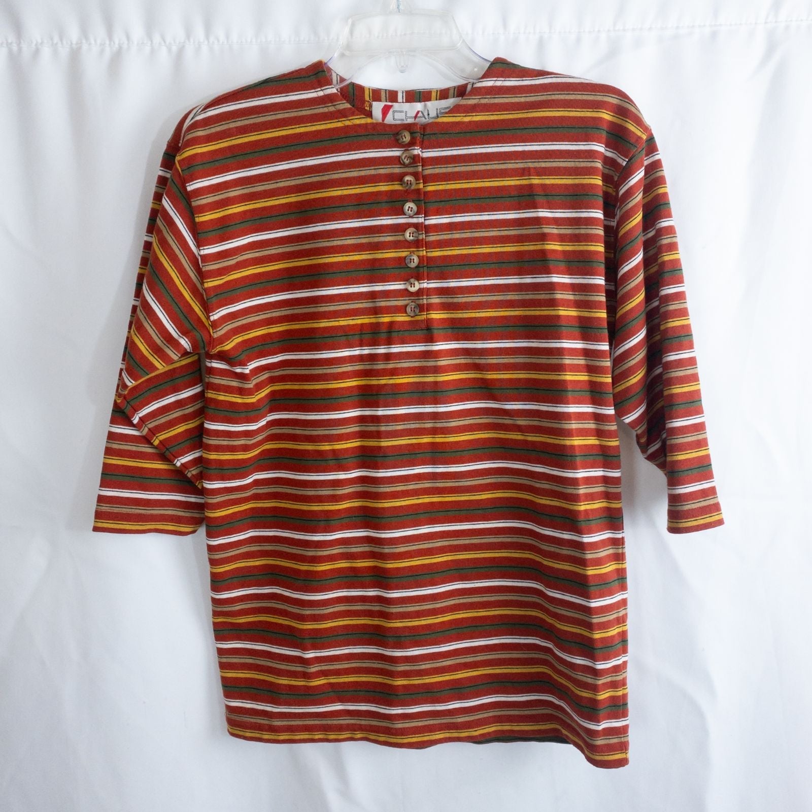 Chaus vintage striped orange and red top with 3/4 length sleeves and button front