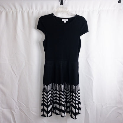 Jessica Simpson black knit fit and flare dress with short sleeves and flared skirt