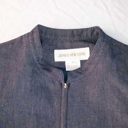 Jones New York vintage blue denim zip jacket women's size 14 with padded shoulders and side pockets image 2