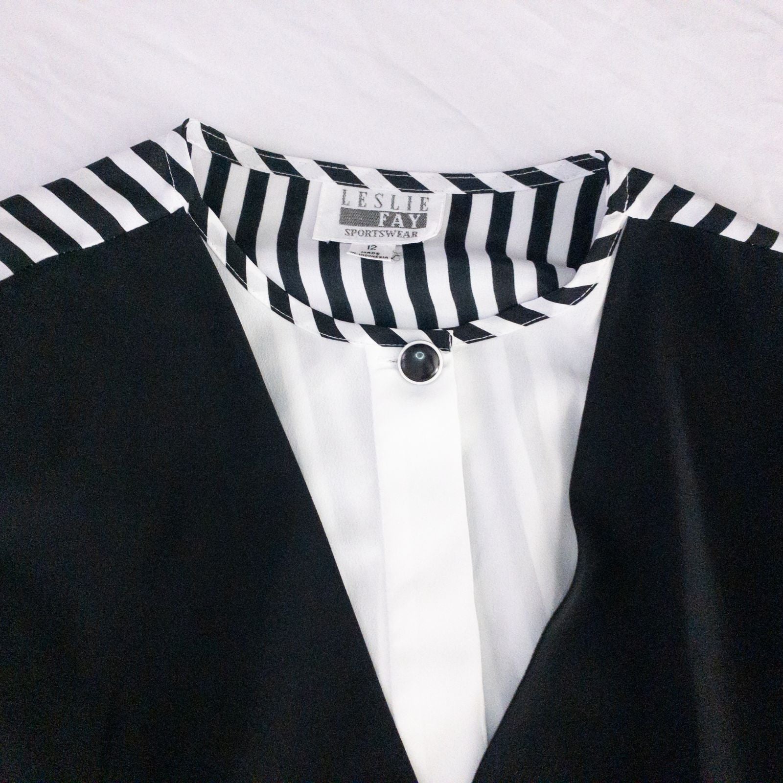 Leslie Fay vintage black and white striped sailor blouse with button front and waist tie image 2