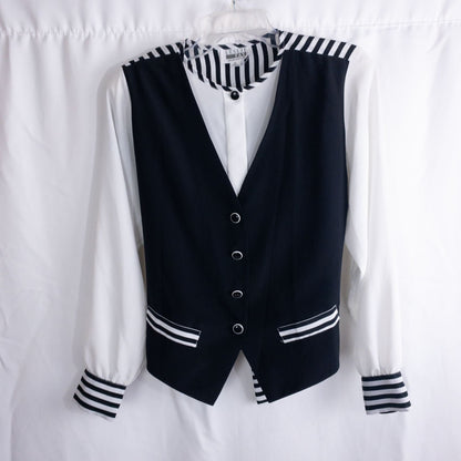 Leslie Fay vintage black and white striped sailor blouse with button front and waist tie