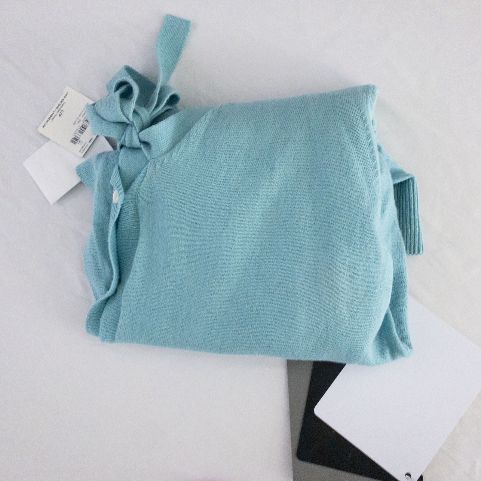 Lands End marine blue cotton cashmere tie cardigan with buttons and bow neck detail for women, size large, new with tags image 12