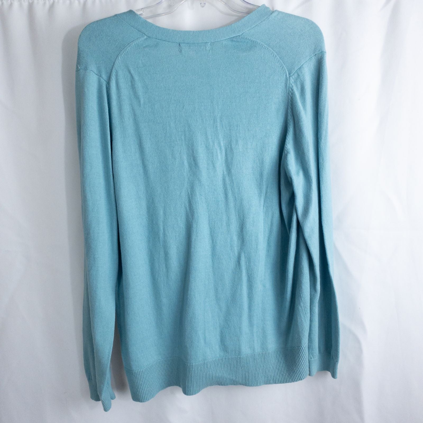 Lands End marine blue cotton cashmere tie cardigan with buttons and bow neck detail for women, size large, new with tags image 7