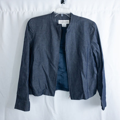 Jones New York vintage blue denim zip jacket women's size 14 with padded shoulders and side pockets image 3