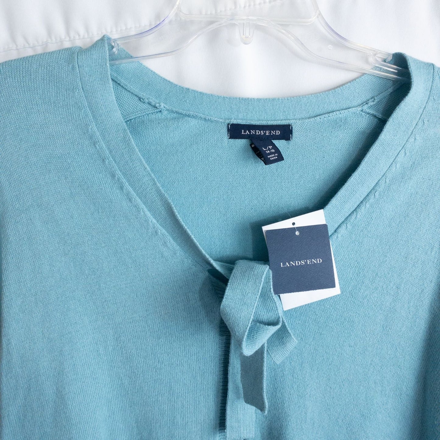 Lands End marine blue cotton cashmere tie cardigan with buttons and bow neck detail for women, size large, new with tags image 2