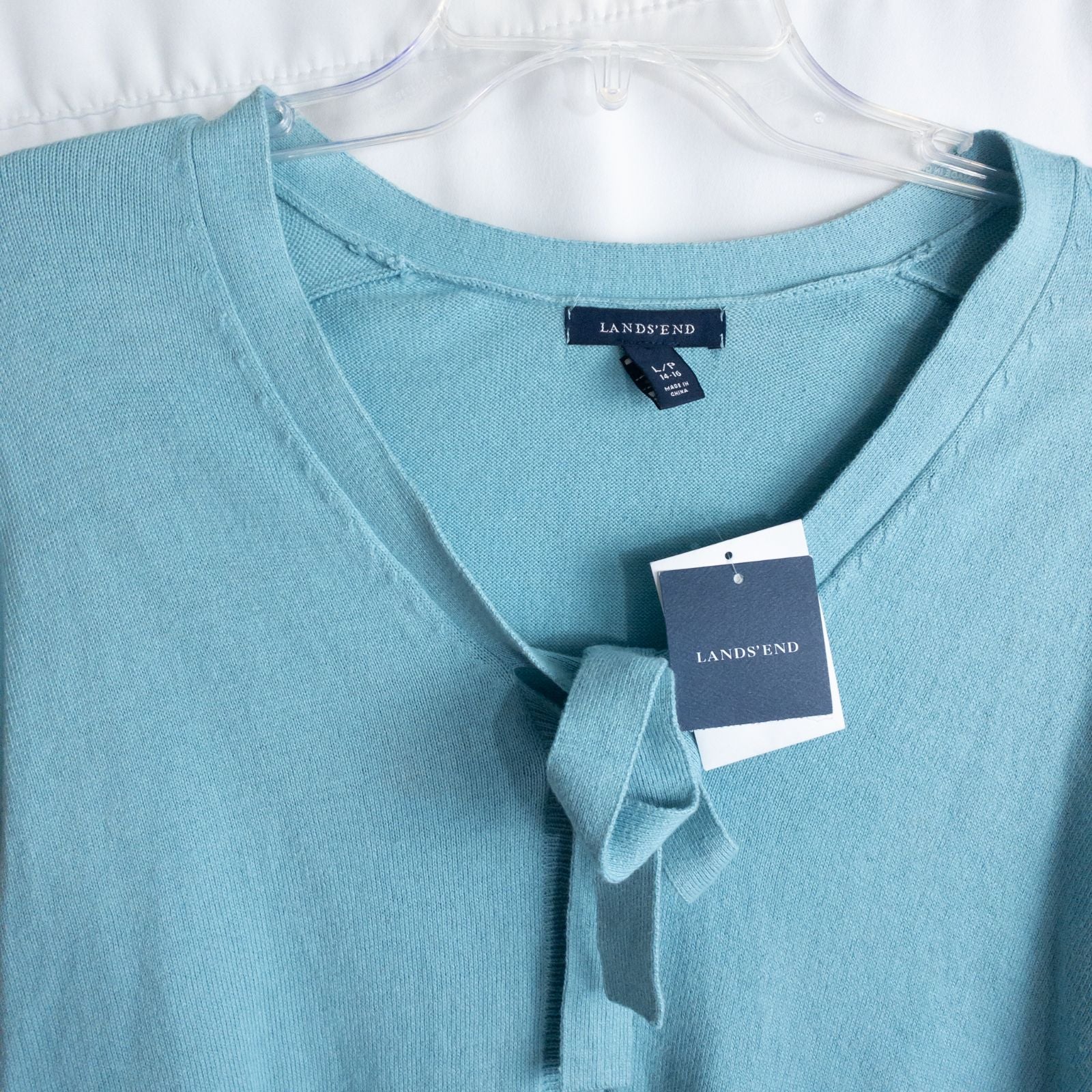 Lands End marine blue cotton cashmere tie cardigan with buttons and bow neck detail for women, size large, new with tags image 2