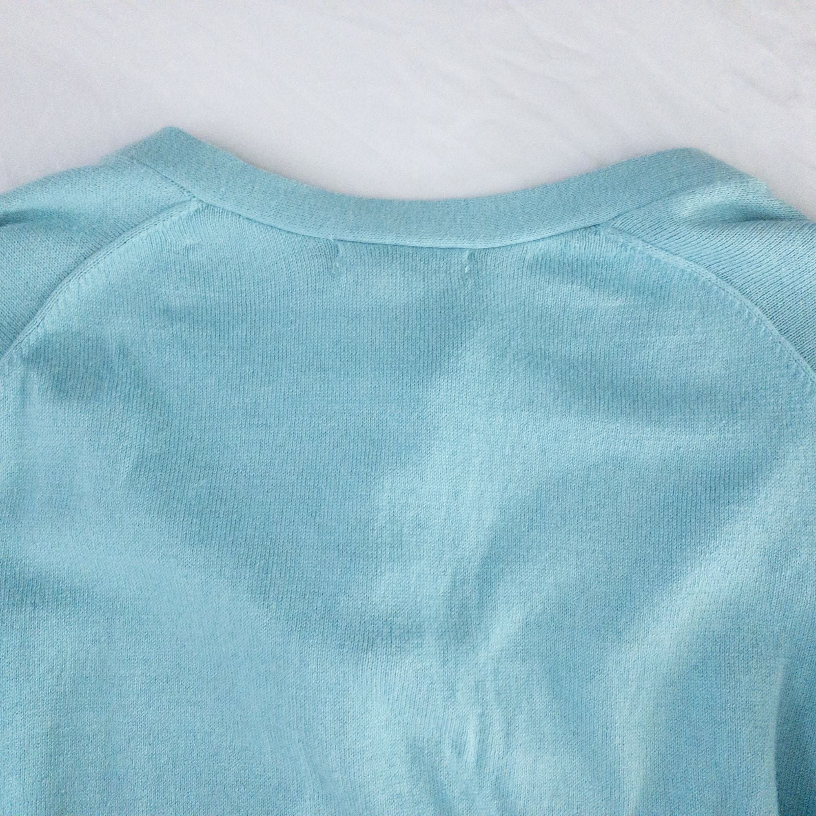 Lands End marine blue cotton cashmere tie cardigan with buttons and bow neck detail for women, size large, new with tags image 8