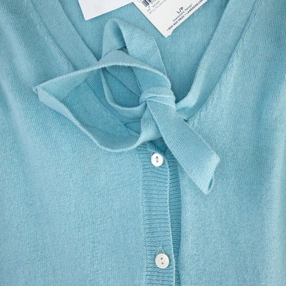 Lands End marine blue cotton cashmere tie cardigan with buttons and bow neck detail for women, size large, new with tags image 3