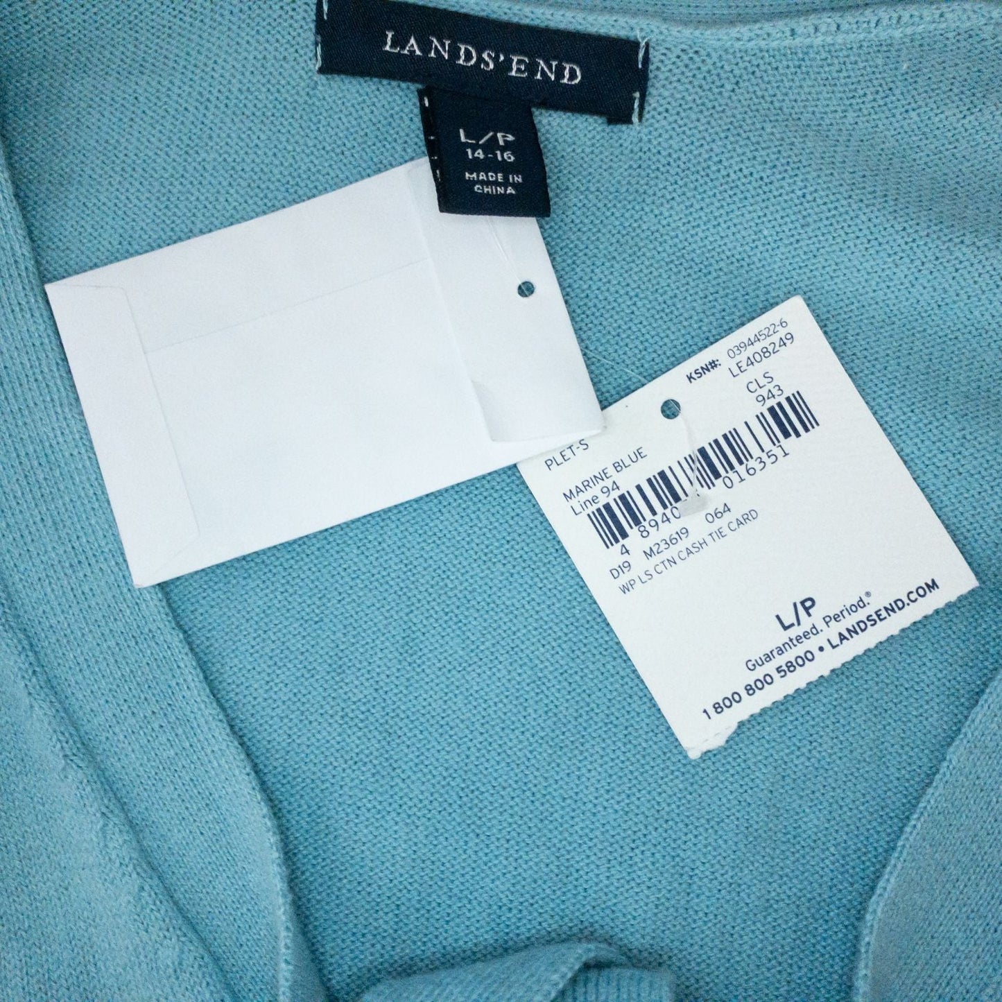 Lands End marine blue cotton cashmere tie cardigan with buttons and bow neck detail for women, size large, new with tags image 13