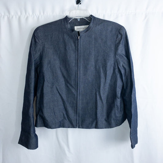 Jones New York vintage blue denim zip jacket women's size 14 with padded shoulders and side pockets
