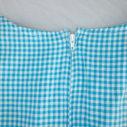 Faded Glory vintage blue and white gingham sleeveless dress with v-neck and back zipper on clear hanger against white background image 8