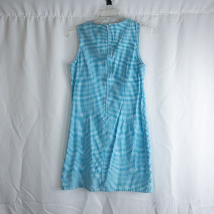 Faded Glory vintage blue and white gingham sleeveless dress with v-neck and back zipper on clear hanger against white background image 5