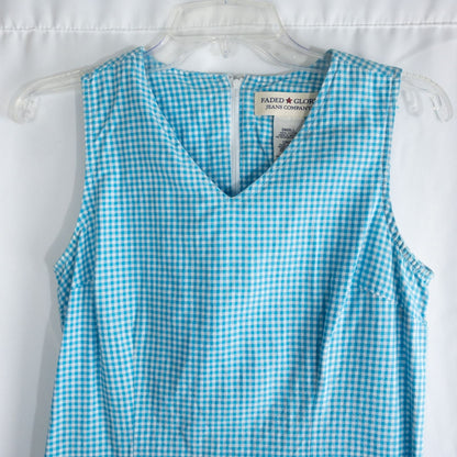 Faded Glory vintage blue and white gingham sleeveless dress with v-neck and back zipper on clear hanger against white background image 2