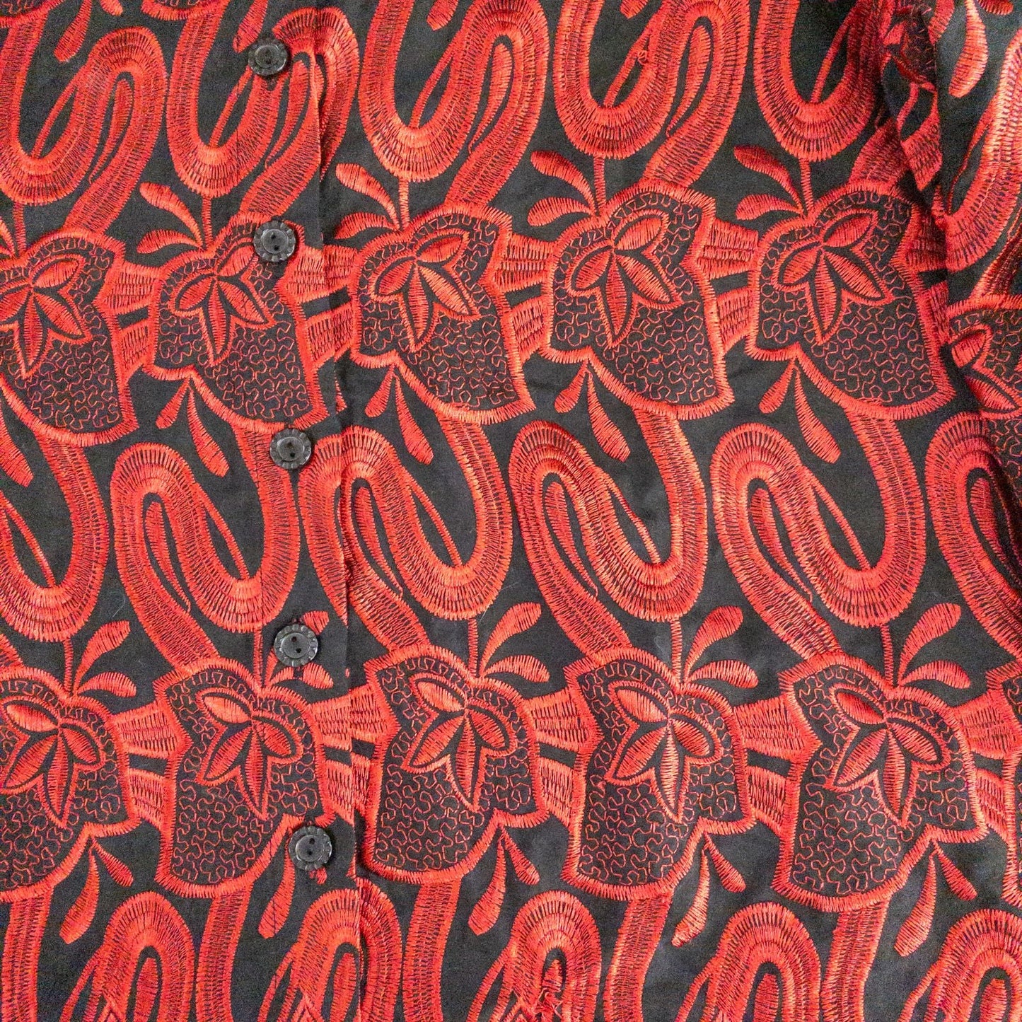 Drapers & Damons black and red embroidered leaf jacket with scalloped hem and button front on hanger image 3